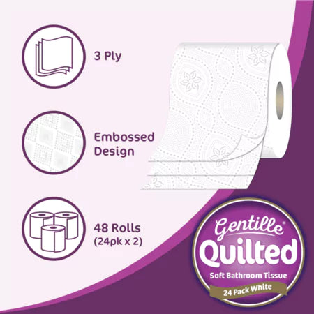 Gentille Quilted 3ply Toilet Rolls – 2 Packs of 24 (48 Rolls)