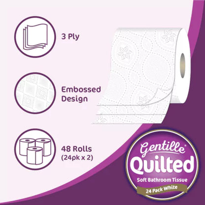 Gentille Quilted 3ply Toilet Rolls – 2 Packs of 24 (48 Rolls)
